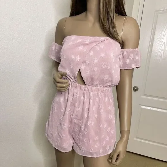 Revolve Superdown Romper XS Off Shoulder Pink Star Detail Aviana Cutout Pull On - Picture 1 of 9